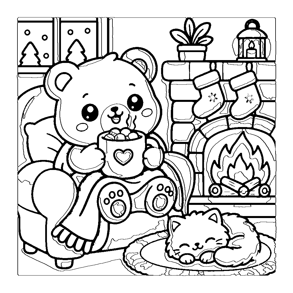 Cocoa by the Fire: printable coloring page