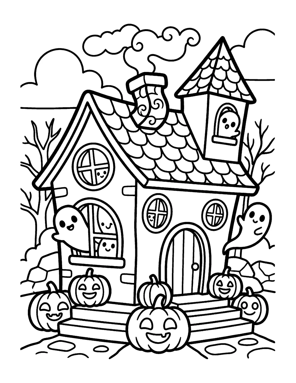 Cozy Haunted House: printable coloring page