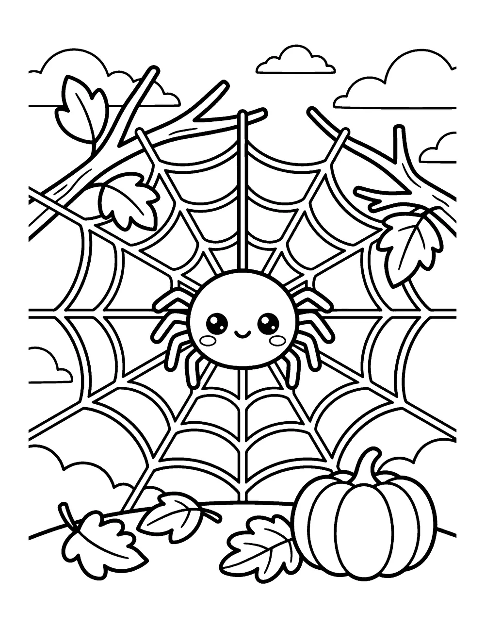 Happy Spider Web: printable coloring page