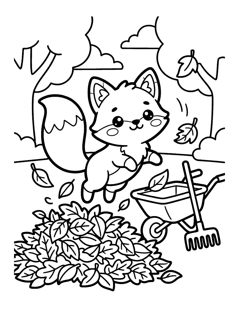 Leaf Pile Fox: printable coloring page