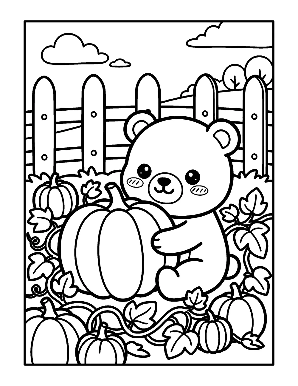Pumpkin Patch Bear: printable coloring page