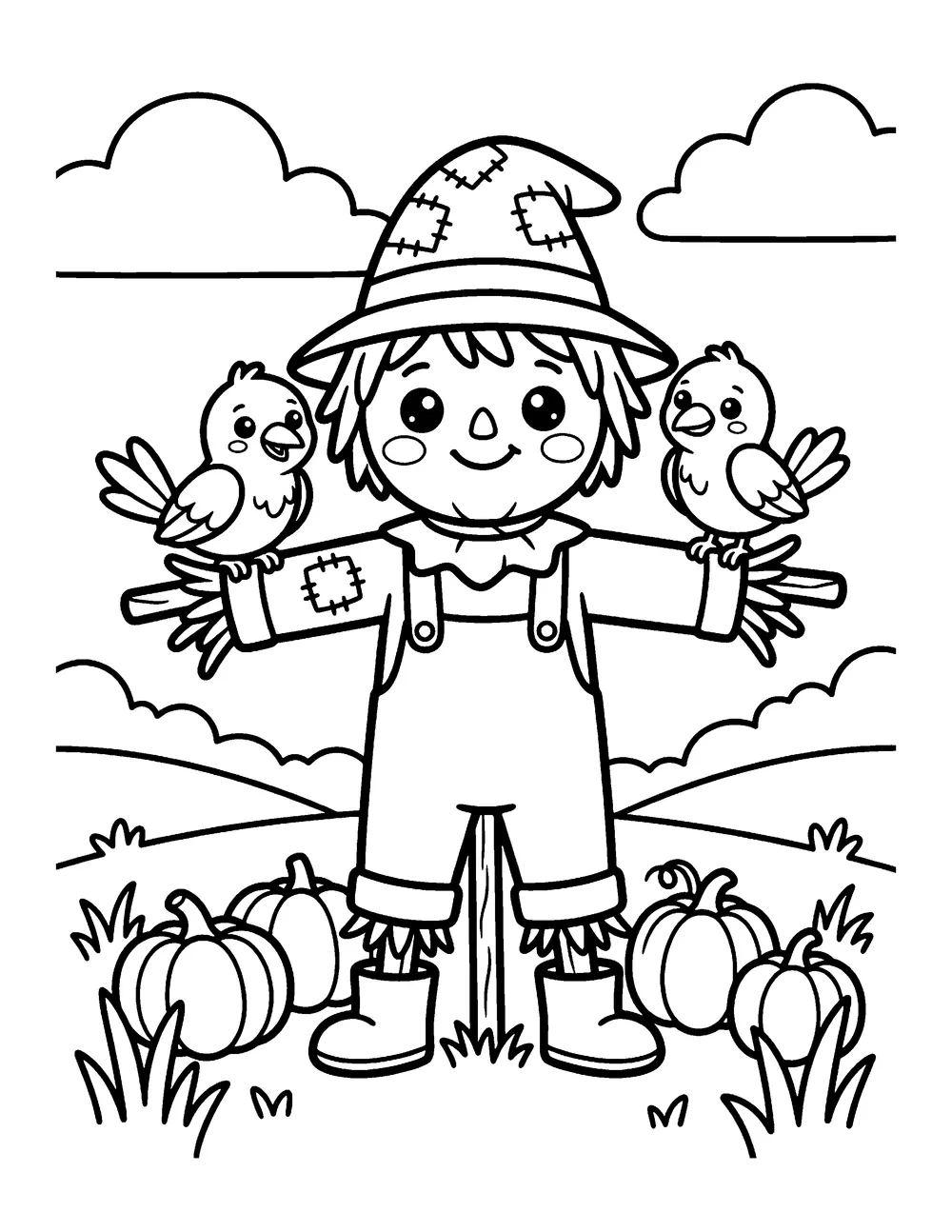 Scarecrow Friends: printable coloring page