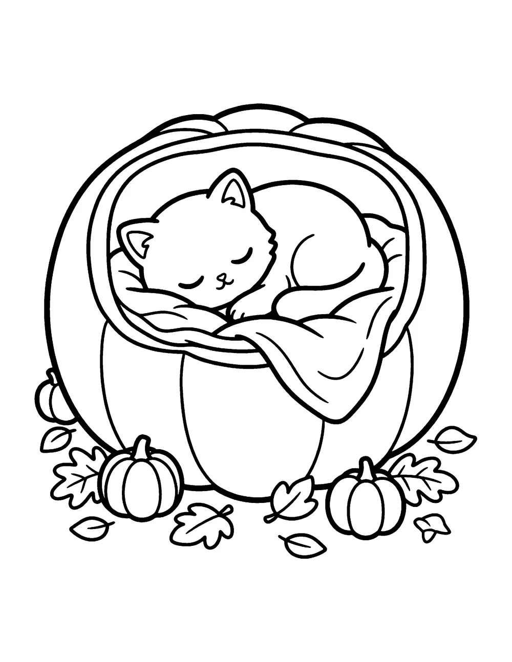 Sleepy Pumpkin Kitten: printable coloring page